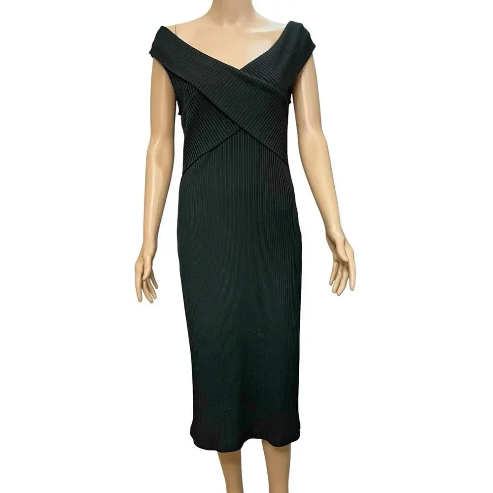 Michael Kors Ribbed Knit Midi Dress Large Black Off The Shoulder Straight Fit